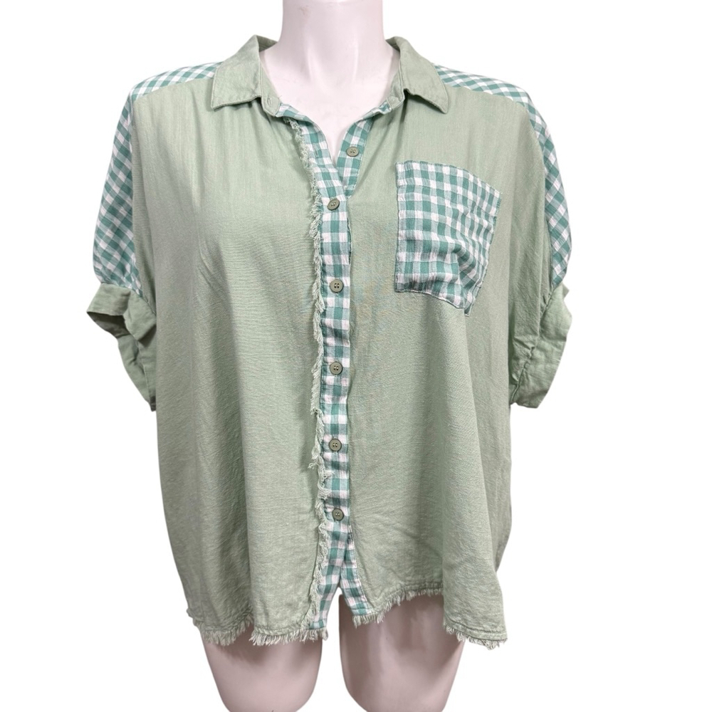 Umgee Oversized Green Gingham Patchwork Button Do… - image 1